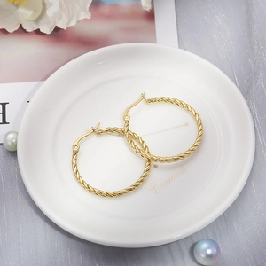 Detailed close-up of gold 18k plated twisted rope hoop earrings on a decorative plate