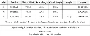 Tabella taglie dettagliata per costume da danza bikini in denim con misure reggiseno