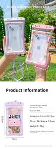 Macro detail of cartoon waterproof phone pouch with size dimensions and floating air cushion