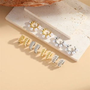 Artificial Pearl C Shaped Hoop Earrings Copper Zircon Inlaid Minimalist Light Luxury Jewelry For Women