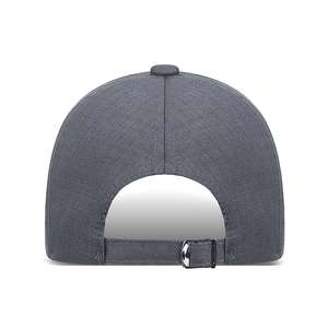 Back view of dark grey baseball cap with adjustable silver metal buckle and long brim