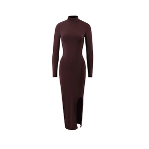 Detailed view of dark brown slim-fit dress with high neck and side slit hem detail