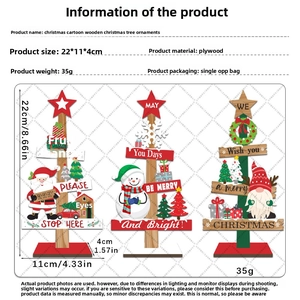Detailed size chart of wooden Christmas tabletop ornaments with Santa and Snowman graphics