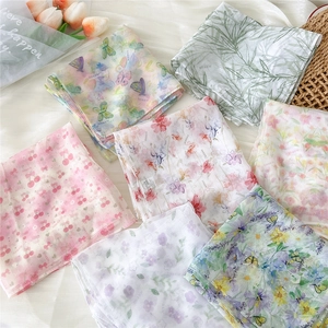 Breathable sheer square silk scarf with floral and butterfly prints in various colors