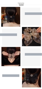 Detail showing elegant pearlescent bow hair ties with sparkling crystal rhinestones
