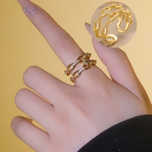 Double-layer gold chain ring with micro-set zircons and adjustable open band for women