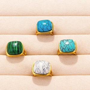 Minimalist square gemstone rings in gold finish with turquoise and marble inlay stones