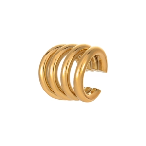 Macro shot of minimalist multi-layer gold-plated stainless steel C-shaped ear cuff