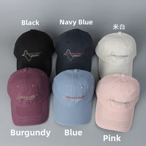 Assortment of washed cotton baseball caps in 6 colors featuring Opportunity embroidery.