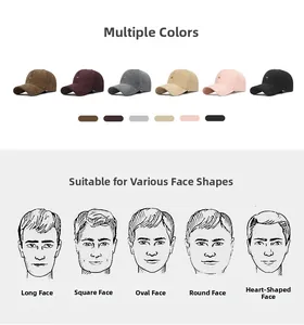 Detail of corduroy baseball cap with crown logo and a facial shape matching guide