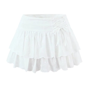 Chic white hollow embroidery mini skirt with lace-up side and layered ruffle details