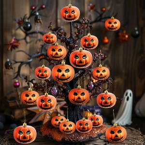 8cm orange metallic pumpkin ornaments with jack-o-lantern faces on Halloween tree