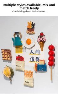 Detailed view of creative 3D food-shaped fridge magnets featuring realistic miniatures