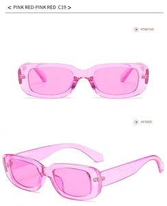Detailed views of pink rectangular sunglasses in transparent resin from front and side angles