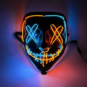 Detail of neon LED mask with orange and blue stitching effect and head strap