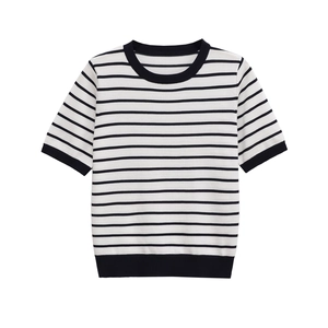 Classic black and white horizontal striped short sleeve knit top with crew neck design