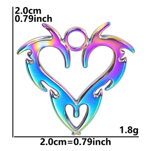 Macro shot of 18k plated rainbow heart pendant with tribal cutout and dimensions