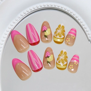 French strawberry lemon press on nails with pink stripes and flower almond shape