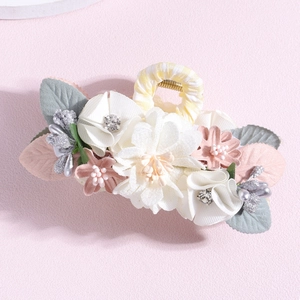 Elegant floral hair claw clip with satin flowers, faux pearls, and plaid fabric pattern