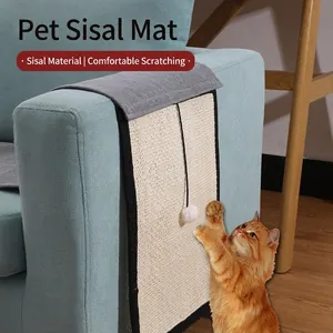 Protective sisal cat scratching mat for sofas with hanging toy ball and felt top