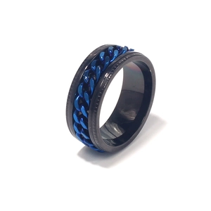 Black and blue rotatable chain ring for men made of durable stainless steel on white back