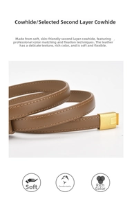 Detail view of genuine cowhide leather strap with gold metal buckle and neat stitching