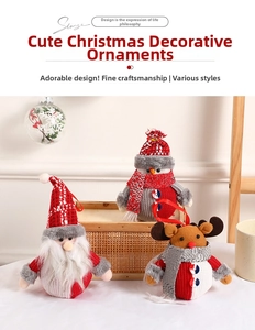 Detailed view of Christmas plush ornaments featuring Santa, snowman, and reindeer figures
