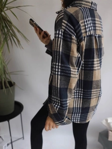 Women's plaid flannel shirt in blue and brown with thick brushed wool texture