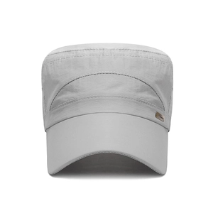 Light gray breathable cadet cap for men featuring a flat top and side metal emblem detail