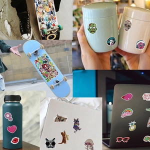 Waterproof vinyl stickers shown on laptop and skateboard in multiple usage scenarios