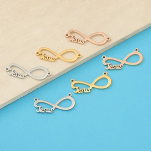 Macro view of Jesus infinity symbol connectors in gold, silver, and rose gold finish
