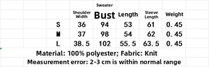 Size chart for animal jacquard knit sweater featuring S M L dimensions and fabric details