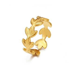 Minimalist 18K gold plated leaf ring with adjustable open band and fine leaf vein texture