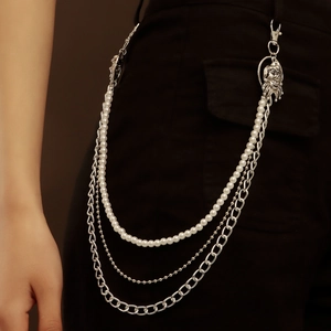 Multi-layer silver metal waist chain featuring pearls and a lion head buckle decoration