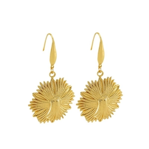 Pair of golden stainless steel sunflower drop earrings with detailed brushed metal finish