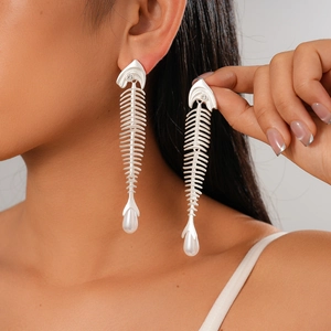 Exaggerated Fish Bone Dangle Earrings With 925 Sterling Silver Earring Post Alloy Zircon Imitation Artificial Pearl Unique Jewelry