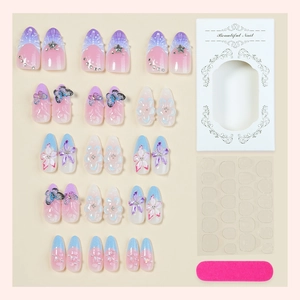 Exquisite 3D butterfly floral press-on nails set with gradient colors and rhinestones