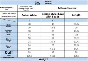 Tableau détaillé des tailles pour veste blanche en tweed avec perles et mensurations