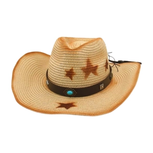 Chapeau De Cow-Boy En Paille Avec Imprimé Étoile Bande En Similicuir Turquoise Large Bord Protection Solaire Ethnique