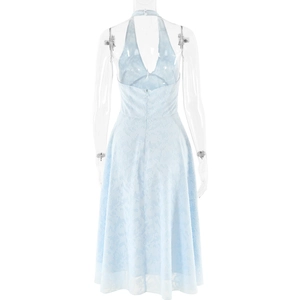 Detail of light blue lace halter dress back with an invisible zipper closure
