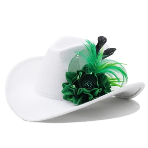 Detail view of white wool felt jazz hat with green floral and long feather decoration