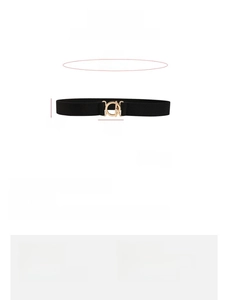 Elastic black waist belt detail with golden geometric buckle and adjustable 62cm length