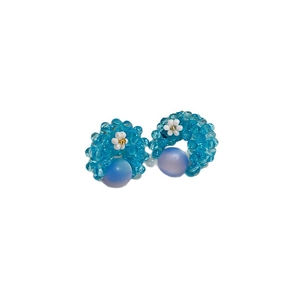 Handmade sky blue beaded hoop earrings with white flower and frosted round pendant