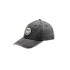 Washed grey vintage cotton baseball cap featuring white smiley face embroidery