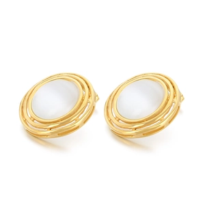 French style gold-tone stainless steel oval cat eye stone earrings on white background