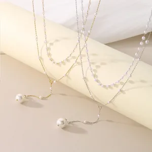 Double Layered Y Shaped Artificial Pearl Necklace Stainless Steel Elegant Long Tassel Choker Clavicle Chain Jewelry For Women
