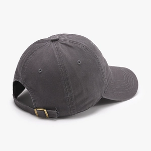 Deep grey cotton baseball cap with adjustable metal buckle on a white background