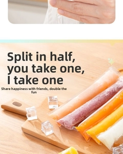 Detail showing self-sealing transparent ice pop bags filled with colorful frozen juice