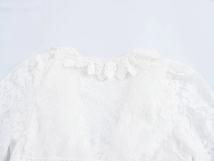 Détail du col en V sur robe en dentelle blanche avec broderie florale délicate