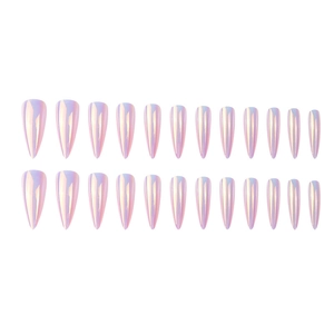 Almond-shaped metallic mirror press-on nails with iridescent pearl finish and aurora glow